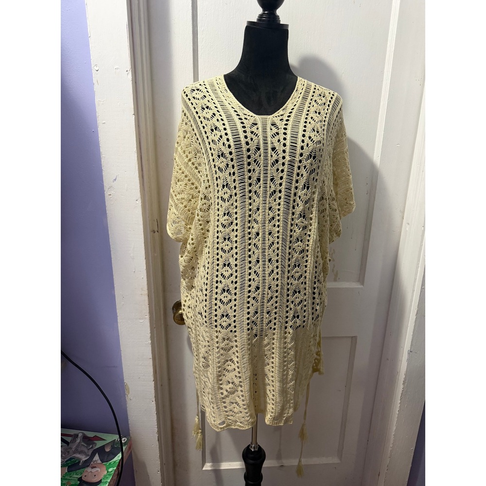 Beige Crochet Poncho V-Neck Tassel Open Knit Cover Up OS Cream Bohemian